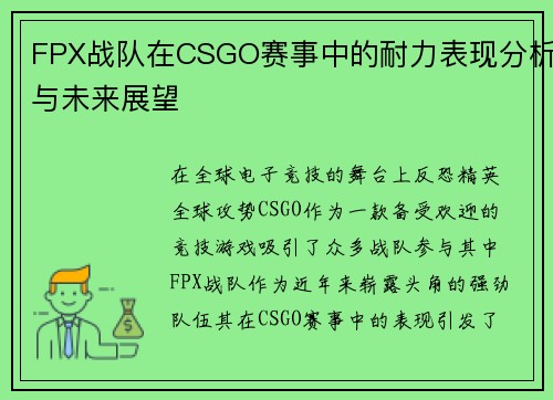FPX战队在CSGO赛事中的耐力表现分析与未来展望